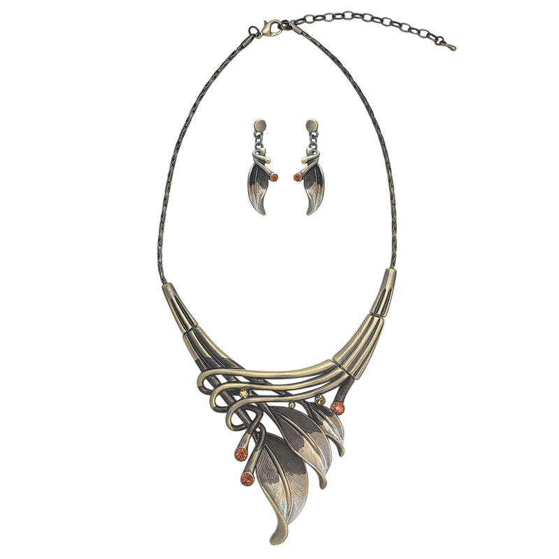 Unbe-leaf-ably Stunning Crystal Accented Textured Metal Leaf Statement Necklace Earrings Set, 14"+3" Extender (Brown Leaf Orange Crystal Burnished Gold Tone)