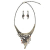 Unbe-leaf-ably Stunning Crystal Accented Textured Metal Leaf Statement Necklace Earrings Set, 14"+3" Extender (Brown Leaf Orange Crystal Burnished Gold Tone)