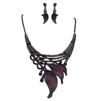 Unbe-leaf-ably Stunning Crystal Accented Textured Metal Leaf Statement Necklace Earrings Set, 14"+3" Extender (Purple Leaf Shades Of Purple Crystal Hematite Tone)