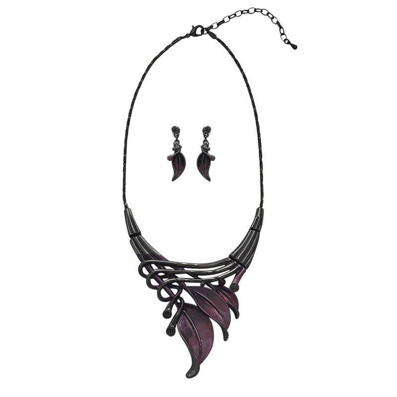 Unbe-leaf-ably Stunning Crystal Accented Textured Metal Leaf Statement Necklace Earrings Set, 14"+3" Extender (Purple Leaf Shades Of Purple Crystal Hematite Tone)