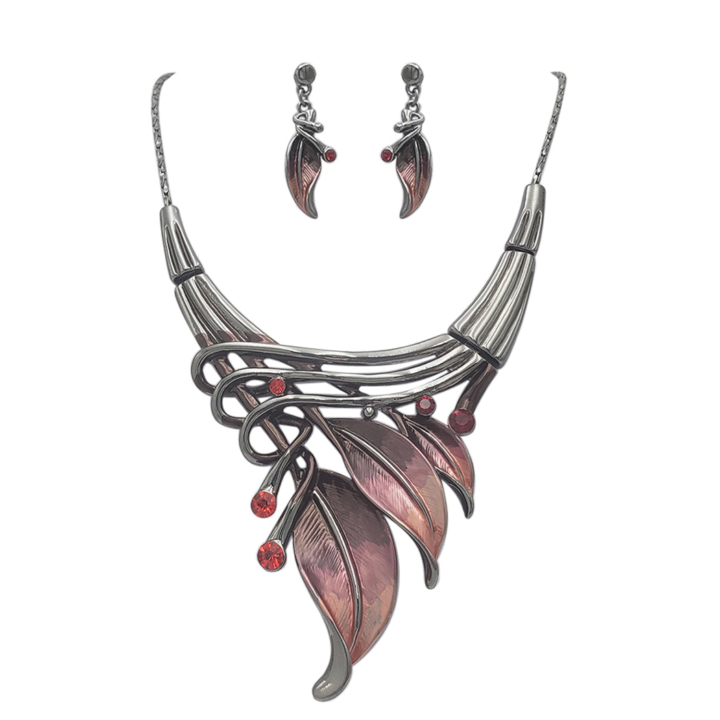Unbe-leaf-ably Stunning Crystal Accented Textured Metal Leaf Statement Necklace Earrings Set, 14"+3" Extender (Burgundy Leaf Red Crystal Hematite Tone)