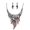 Unbe-leaf-ably Stunning Crystal Accented Textured Metal Leaf Statement Necklace Earrings Set, 14"+3" Extender (Burgundy Leaf Red Crystal Hematite Tone)