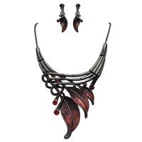 Unbe-leaf-ably Stunning Crystal Accented Textured Metal Leaf Statement Necklace Earrings Set, 14"+3" Extender (Burgundy Leaf Red Crystal Hematite Tone)