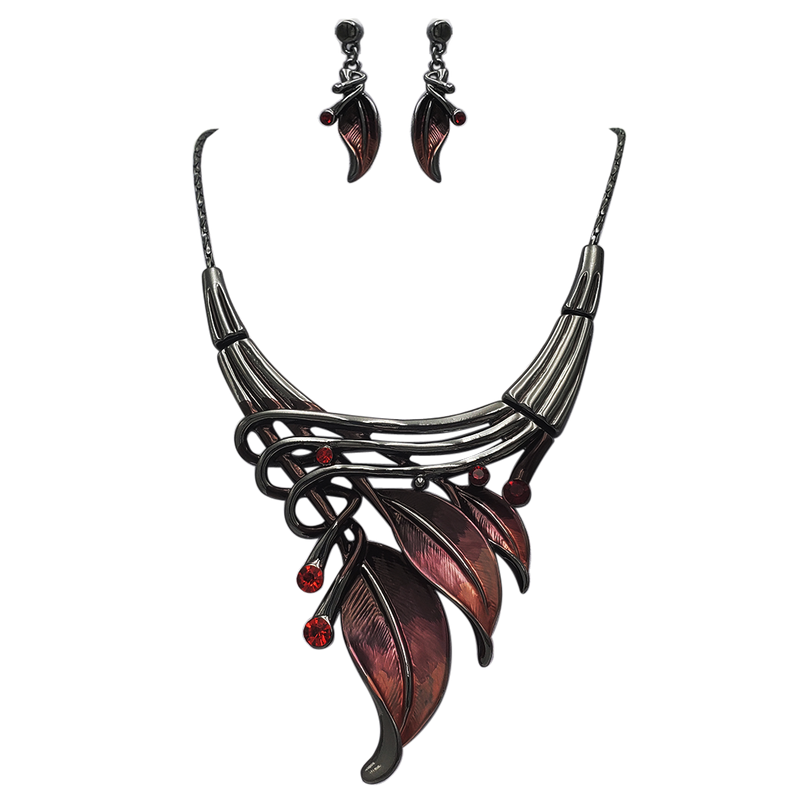 Unbe-leaf-ably Stunning Crystal Accented Textured Metal Leaf Statement Necklace Earrings Set, 14"+3" Extender (Burgundy Leaf Red Crystal Hematite Tone)