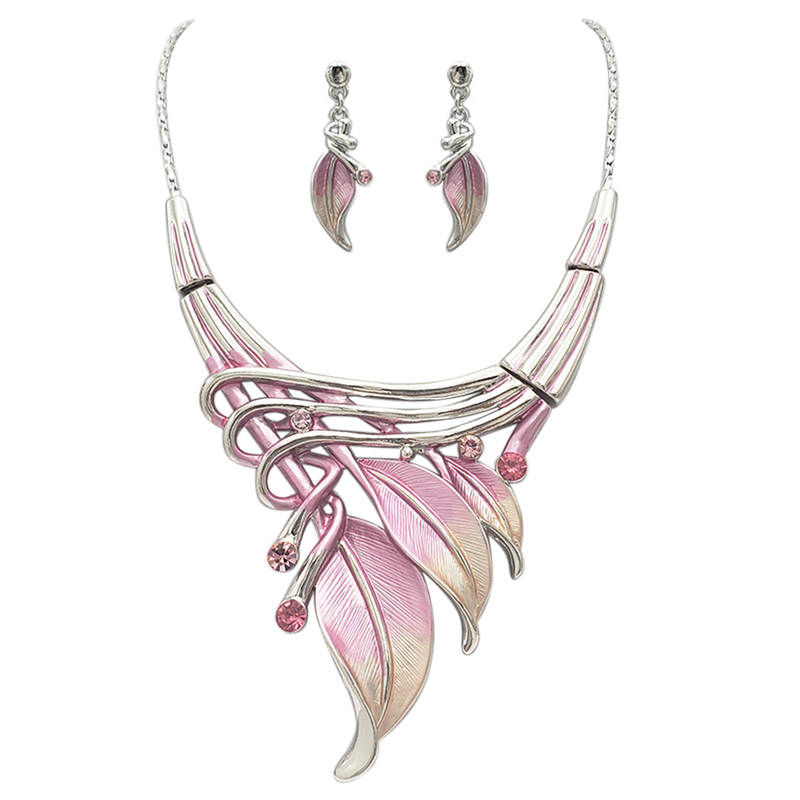 Unbe-leaf-ably Stunning Crystal Accented Textured Metal Leaf Statement Necklace Earrings Set, 14"+3" Extender (Pink Leaf Shades Of Pink Crystal Polished Silver Tone)