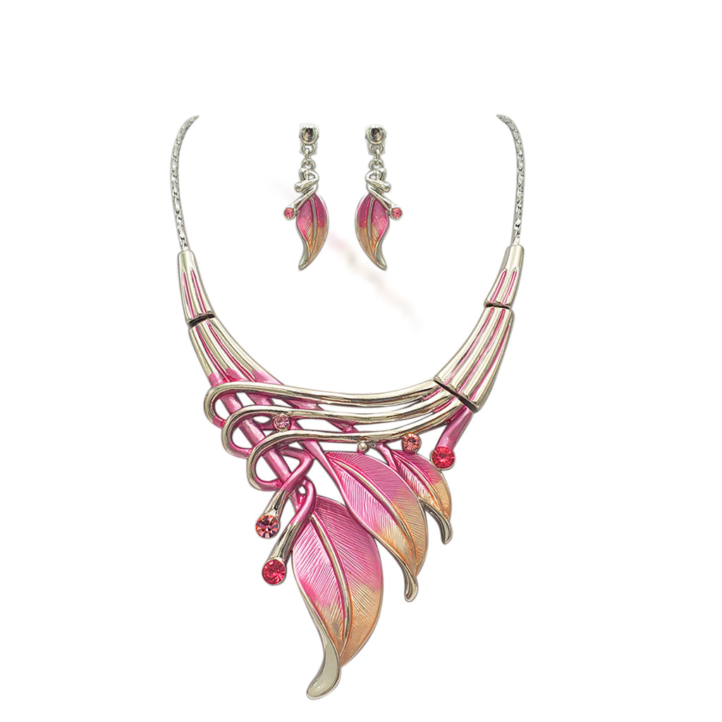 Unbe-leaf-ably Stunning Crystal Accented Textured Metal Leaf Statement Necklace Earrings Set, 14"+3" Extender (Pink Leaf Shades Of Pink Crystal Polished Silver Tone)
