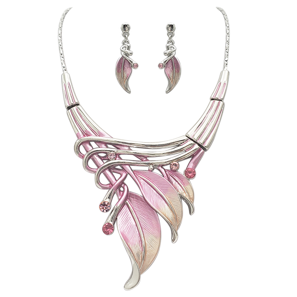 Unbe-leaf-ably Stunning Crystal Accented Textured Metal Leaf Statement Necklace Earrings Set, 14"+3" Extender (Pink Leaf Shades Of Pink Crystal Polished Silver Tone)