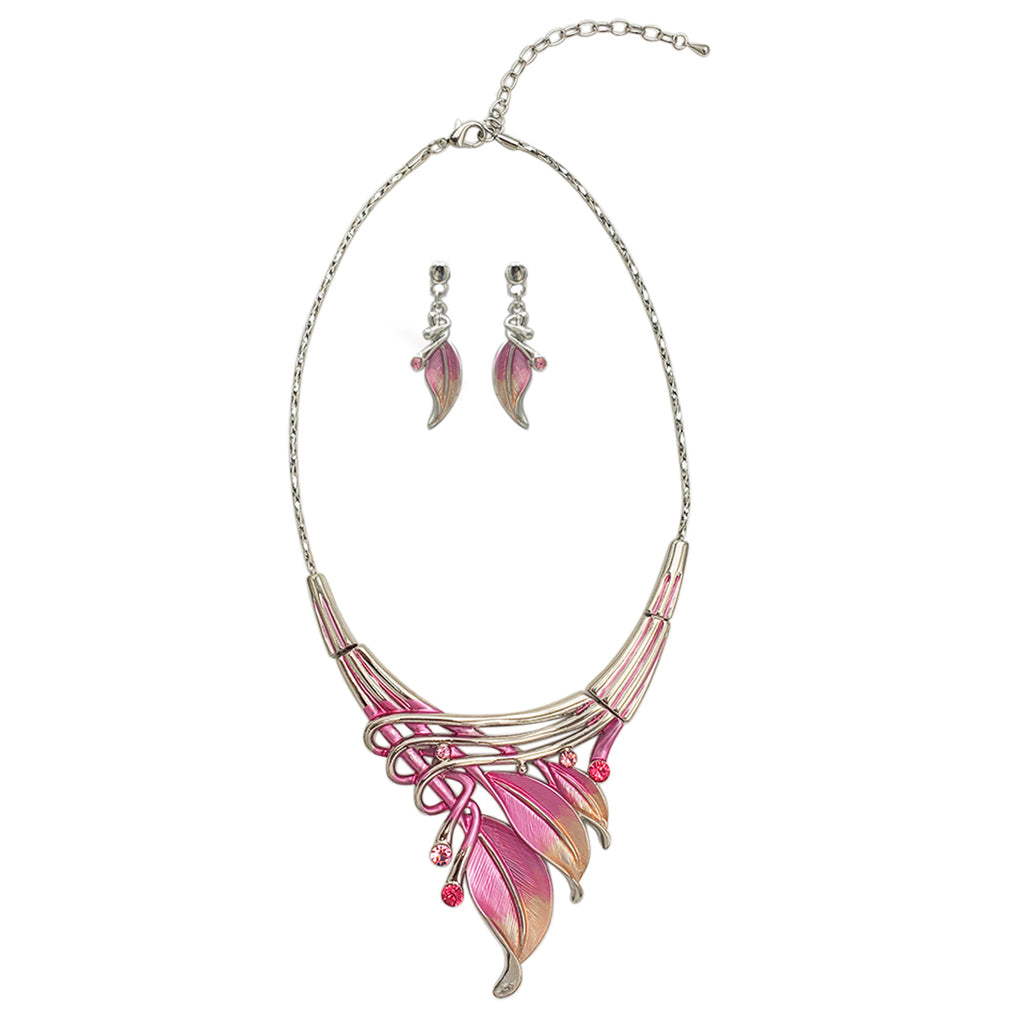 Unbe-leaf-ably Stunning Crystal Accented Textured Metal Leaf Statement Necklace Earrings Set, 14"+3" Extender (Pink Leaf Shades Of Pink Crystal Polished Silver Tone)