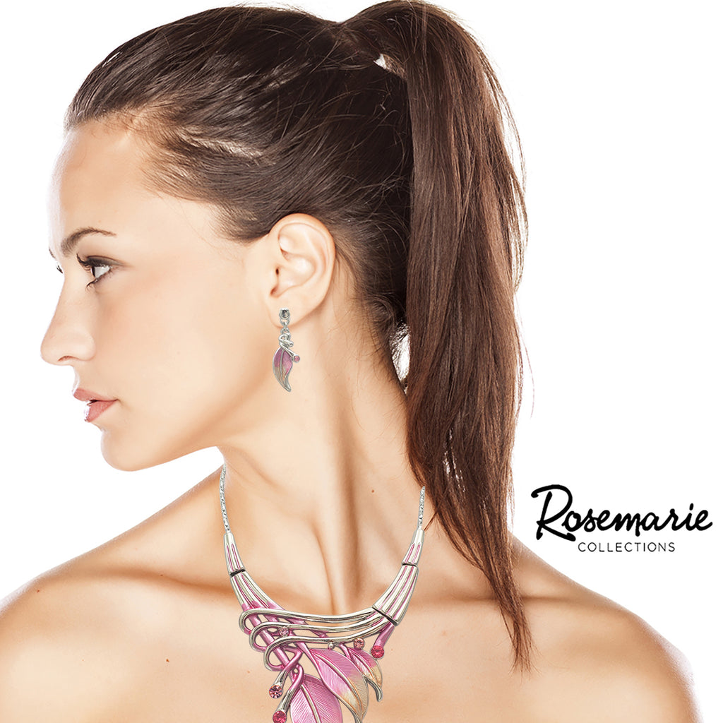 Unbe-leaf-ably Stunning Crystal Accented Textured Metal Leaf Statement Necklace Earrings Set, 14"+3" Extender (Pink Leaf Shades Of Pink Crystal Polished Silver Tone)
