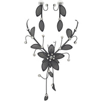 Stunning Large Metal Mesh Flower With Crystal Accents Collar Necklace And Dangle Earrings Jewelry Set, 14"+3" Extension (Jet Black)
