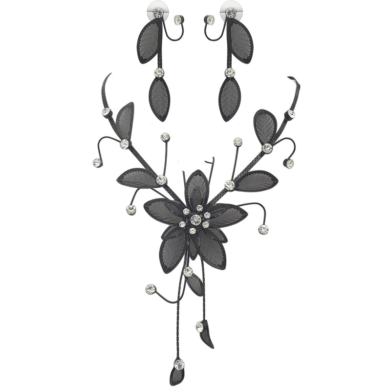 Stunning Large Metal Mesh Flower With Crystal Accents Collar Necklace And Dangle Earrings Jewelry Set, 14"+3" Extension (Jet Black)