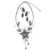Stunning Large Metal Mesh Flower With Crystal Accents Collar Necklace And Dangle Earrings Jewelry Set, 14"+3" Extension (Jet Black)