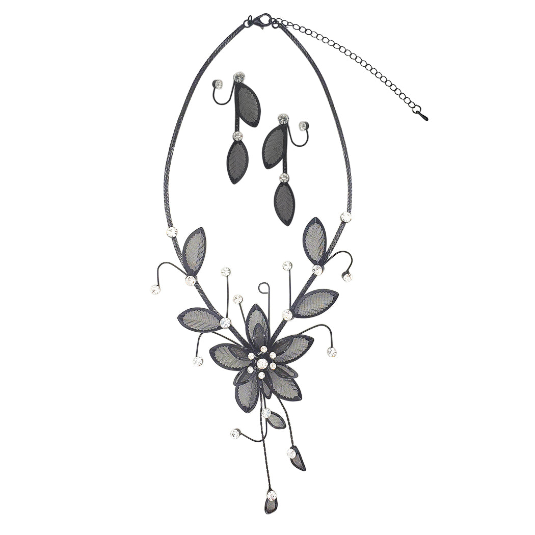 Stunning Large Metal Mesh Flower With Crystal Accents Collar Necklace And Dangle Earrings Jewelry Set, 14"+3" Extension (Jet Black)