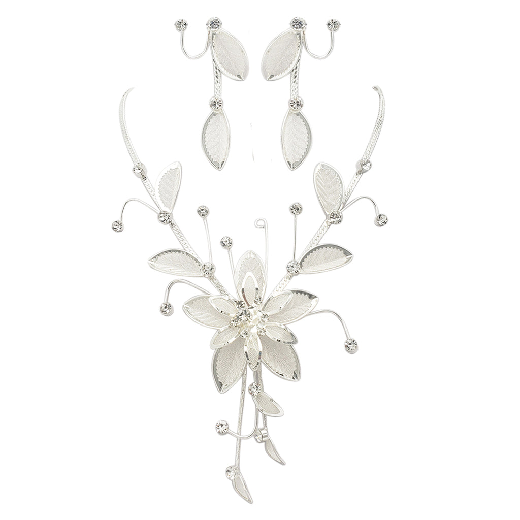 Stunning Large Metal Mesh Flower With Crystal Accents Collar Necklace And Dangle Earrings Jewelry Set, 14"+3" Extension (Silver Tone)
