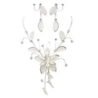 Stunning Large Metal Mesh Flower With Crystal Accents Collar Necklace And Dangle Earrings Jewelry Set, 14"+3" Extension (Silver Tone)