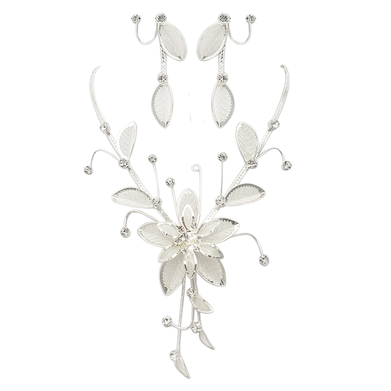 Stunning Large Metal Mesh Flower With Crystal Accents Collar Necklace And Dangle Earrings Jewelry Set, 14"+3" Extension (Silver Tone)
