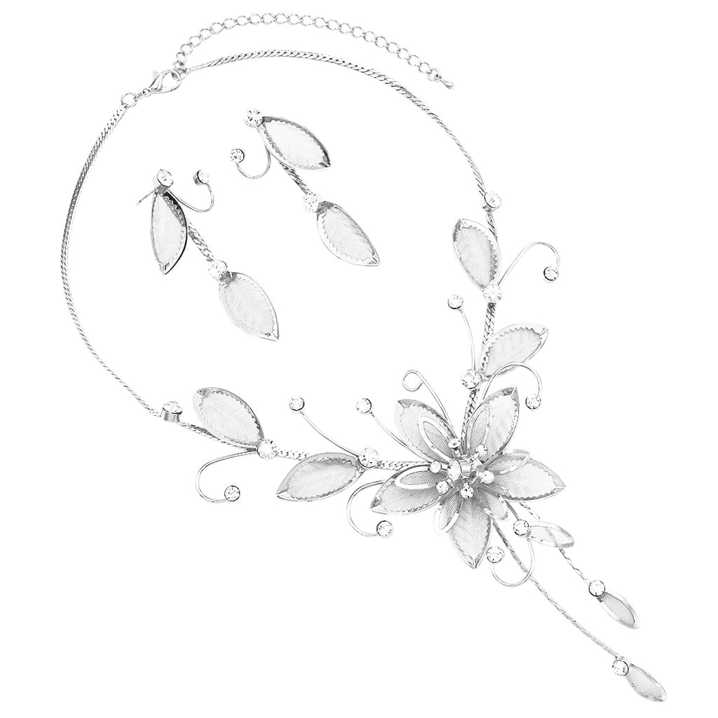 Stunning Large Metal Mesh Flower With Crystal Accents Collar Necklace And Dangle Earrings Jewelry Set, 14"+3" Extension (Silver Tone)