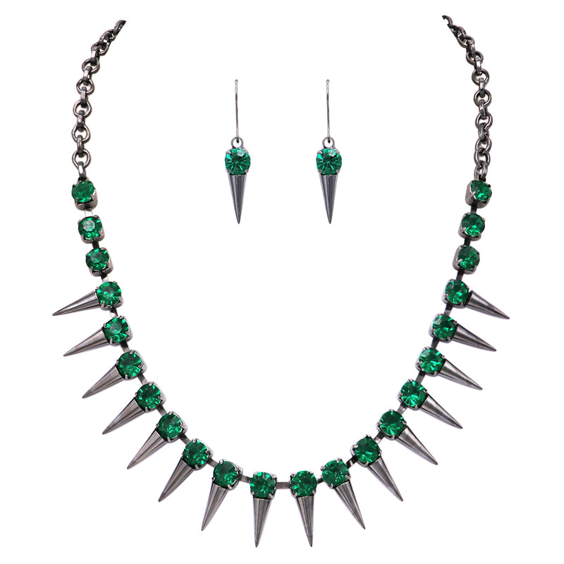 Emerald Green Color Spike Collar Necklace Earrings Set, 21+4" Extender