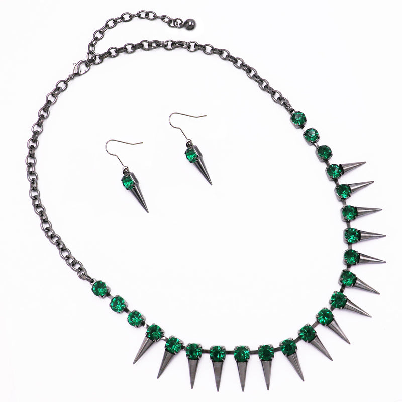 Emerald Green Color Spike Collar Necklace Earrings Set, 21+4" Extender