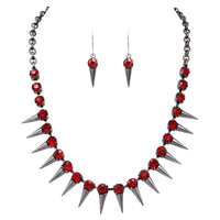 Halloween Crystal With Hematite Black Spike Collar Necklace Earrings Set, 21+4" Extender (Ruby Red Crystal)