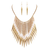 Halloween Faceted Crystal Bead With Spikes Waterfall Collar Necklace Earrings Set, 16"+3" Extender (Gold Tone)