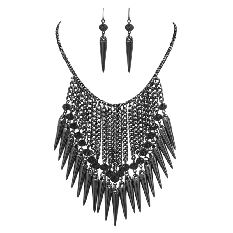 Halloween Faceted Crystal Bead With Spikes Waterfall Collar Necklace Earrings Set, 16"+3" Extender (Hematite Black Tone)
