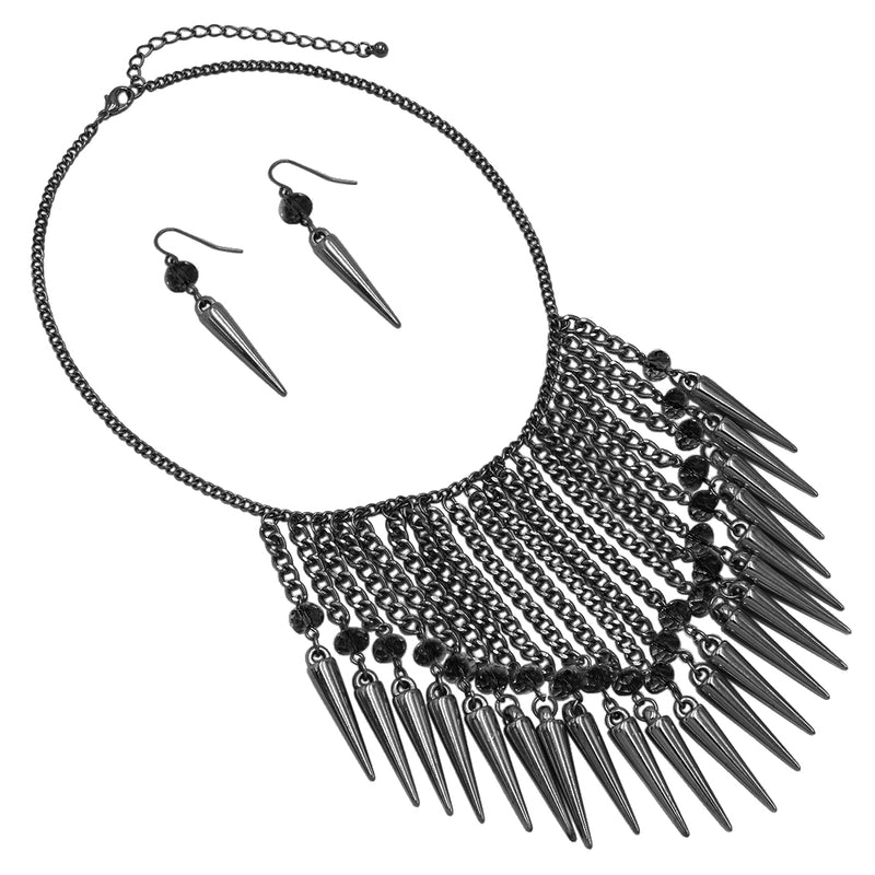 Halloween Faceted Crystal Bead With Spikes Waterfall Collar Necklace Earrings Set, 16"+3" Extender (Hematite Black Tone)