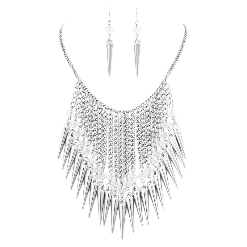 Halloween Faceted Crystal Bead With Spikes Waterfall Collar Necklace Earrings Set, 16"+3" Extender (Silver Tone)