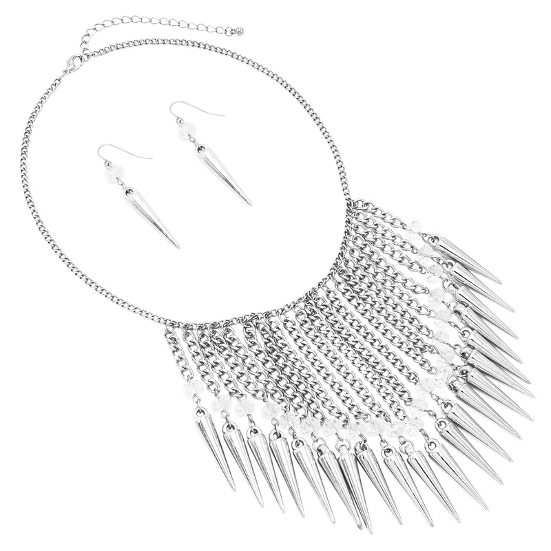 Halloween Faceted Crystal Bead With Spikes Waterfall Collar Necklace Earrings Set, 16"+3" Extender (Silver Tone)