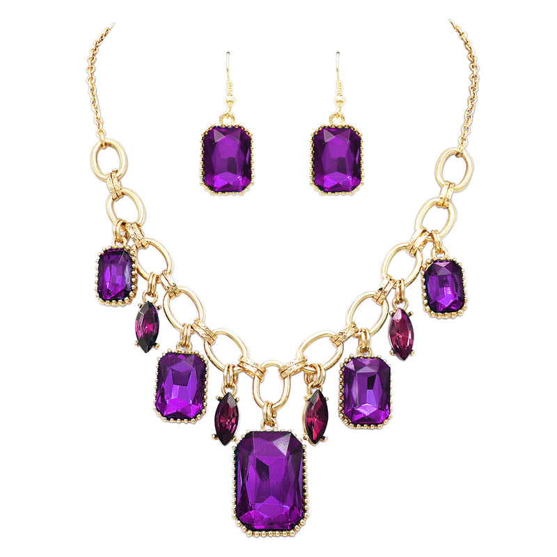 Stunning Emerald Cut Crystal Statement Necklace Earrings Set, 18"+3" Extender (Amethyst Purple)