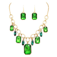 Stunning Emerald Cut Crystal Statement Necklace Earrings Set, 18"+3" Extender (Emerald Green)