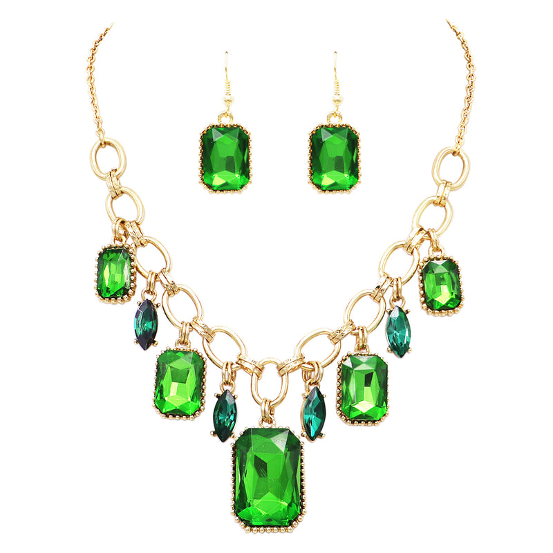 Stunning Emerald Cut Crystal Statement Necklace Earrings Set, 18"+3" Extender (Emerald Green)