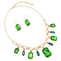 Stunning Emerald Cut Crystal Statement Necklace Earrings Set, 18"+3" Extender (Emerald Green)