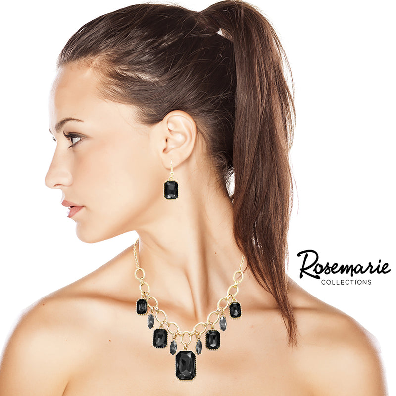 Stunning Emerald Cut Crystal Statement Necklace Earrings Set, 18"+3" Extender (Jet Black)