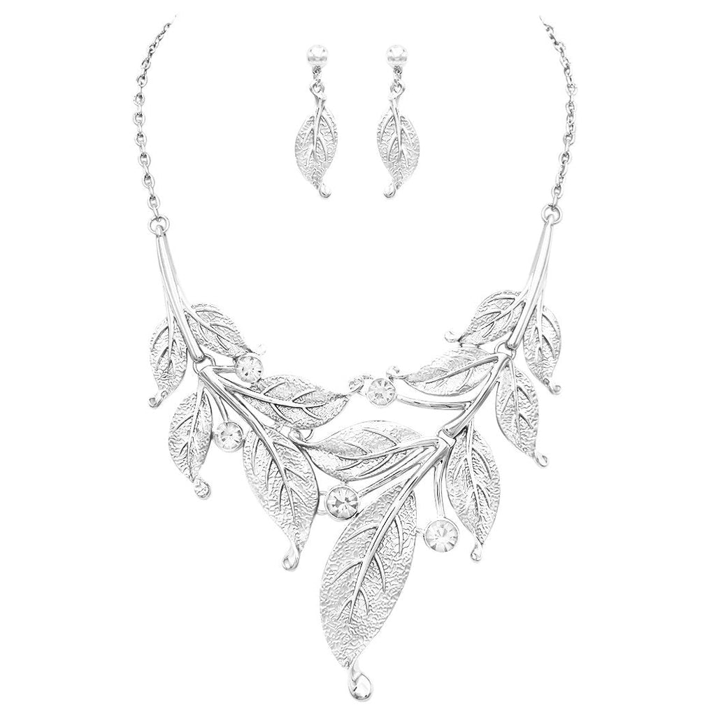 UnbeLeafable Vine and Leaves Crystal Statement Necklace Earrings Set, 14"+3 Extender (Silver Tone)