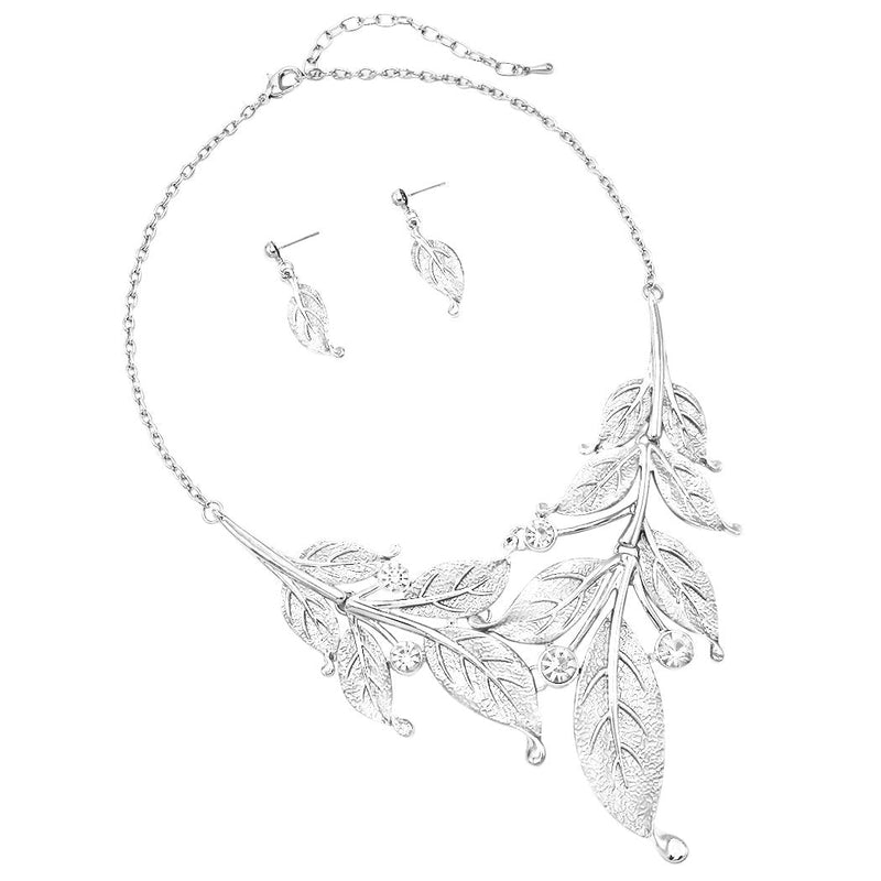 UnbeLeafable Vine and Leaves Crystal Statement Necklace Earrings Set, 14"+3 Extender (Silver Tone)