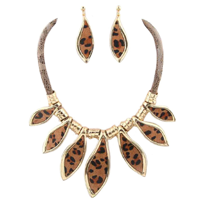 Unique Statement Faux Wild Animal Print Bib Necklace and Earring Set, 15"-18" with 3" Extender (Leopard Spots Matte Gold Tone)