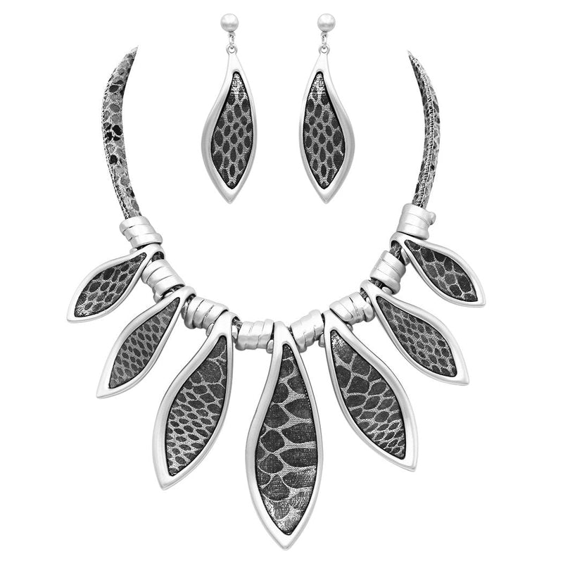 Women's Fashion Statement Black and Grey Faux Snakeskin Bib Necklace and Earring Jewelry Set, 15" - 18" with 3" Extender