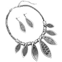 Women's Fashion Statement Black and Grey Faux Snakeskin Bib Necklace and Earring Jewelry Set, 15" - 18" with 3" Extender