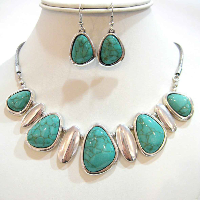 Unique Contemporary Polished Silver Tone Western Style Natural Howlite Necklace Earrings Set, 18"-21" with 3" Extension (Turquoise)