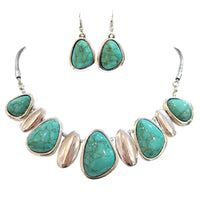 Unique Contemporary Polished Silver Tone Western Style Natural Howlite Necklace Earrings Set, 18"-21" with 3" Extension (Turquoise)