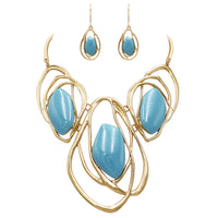 Gold Tone Statement Link Hoops with Turquoise Color Collar Necklace Earrings Jewelry Set