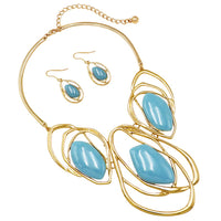 Gold Tone Statement Link Hoops with Turquoise Color Collar Necklace Earrings Jewelry Set
