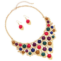 Trendy Colorful Resin Bead Statement Bib Pendant Necklace Drop Earrings Jewelry, 13"-15" with 3" Extender