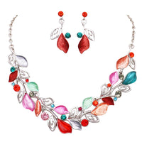 Long Floral Leaf and Vine Statement Necklace Earrings Jewelry Set (Multi)