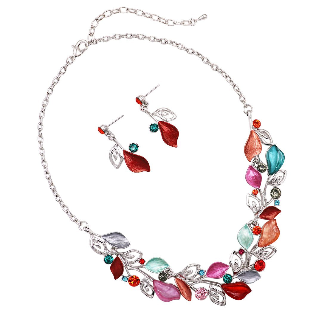 Long Floral Leaf and Vine Statement Necklace Earrings Jewelry Set (Multi)