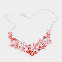 Beautiful Resin And Enamel Butterflies With Crystals Collar Necklace Earrings Set 13"+3" Extender (Reds)