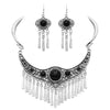 Western Style Statement Silver Tone Metal Fringe Natural Howlite Stone Collar Necklace Earrings Set, 11"+2" Extension (Black)
