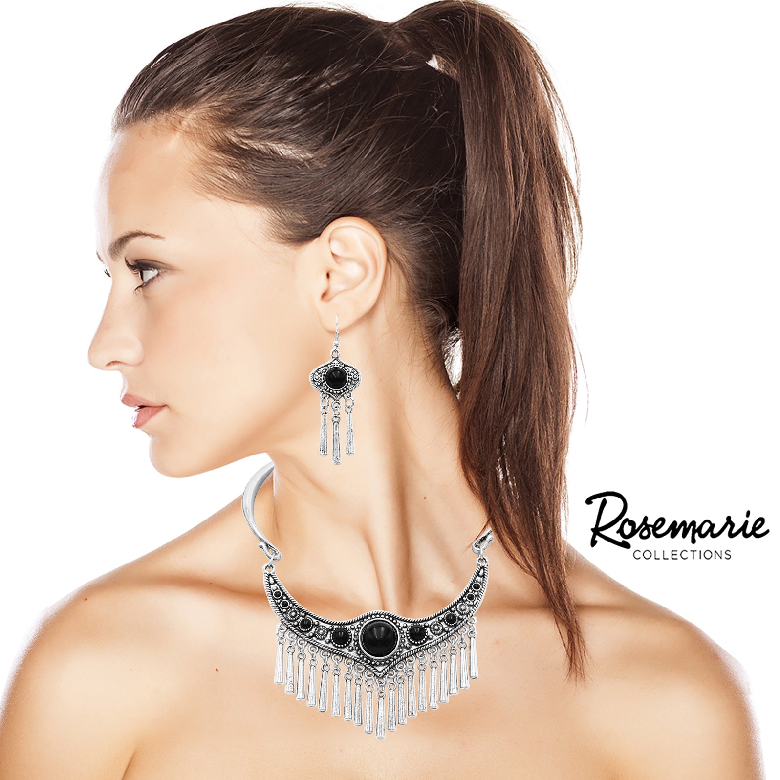 Western Style Statement Silver Tone Metal Fringe Natural Howlite Stone Collar Necklace Earrings Set, 11"+2" Extension (Black)