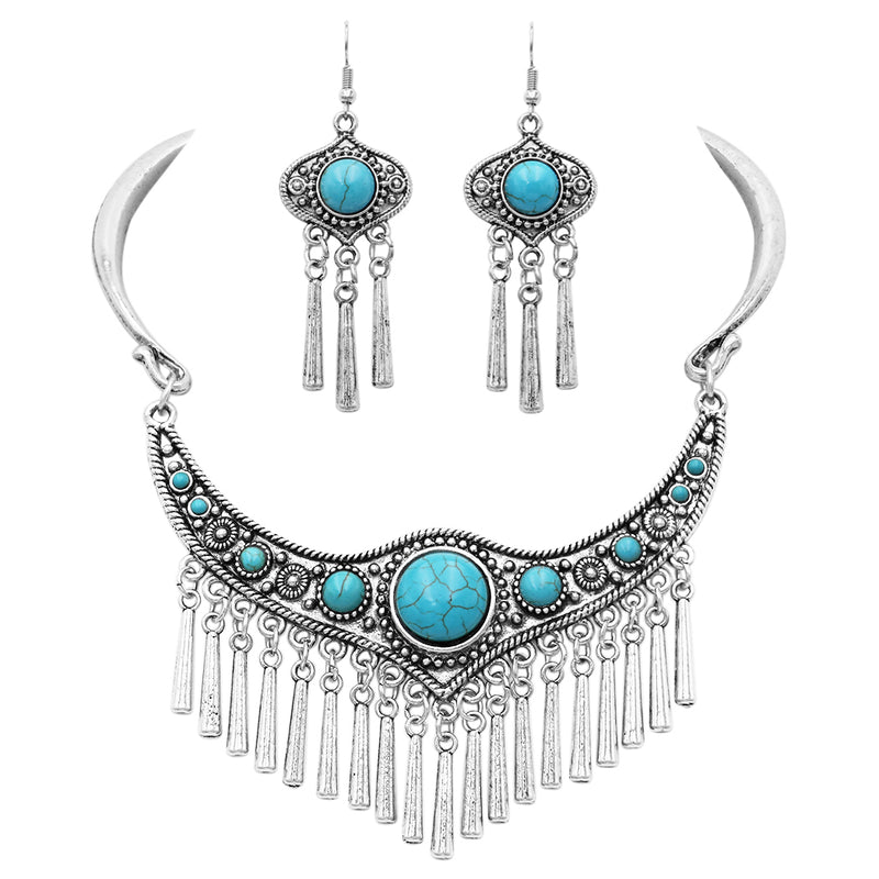 Western Style Statement Silver Tone Metal Fringe Natural Howlite Stone Collar Necklace Earrings Set, 11"+2" Extension (Turquoise)
